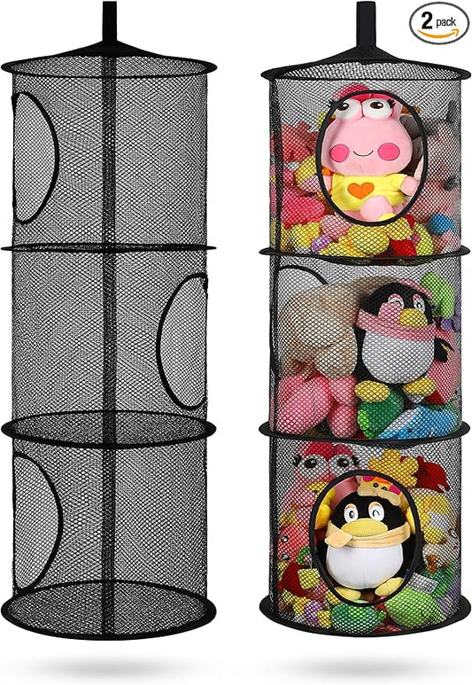 2Pcs Stuffed Animal Storage Foldable Stuffed Animal Net or Hammock Organizer, 3 Compartments Hanging Mesh Toy Storage Hammock for Kid Room Toys, Gloves, Hats, Socks(Black)