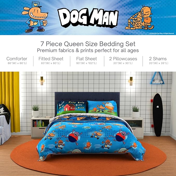 Dog Man Supa Buddies Book Kids Bedding Set, Queen Size 7 Piece Set Super Soft Cozy Reversible Comforter and Sheet Set with Sham, (Officially Licensed Product) by Franco