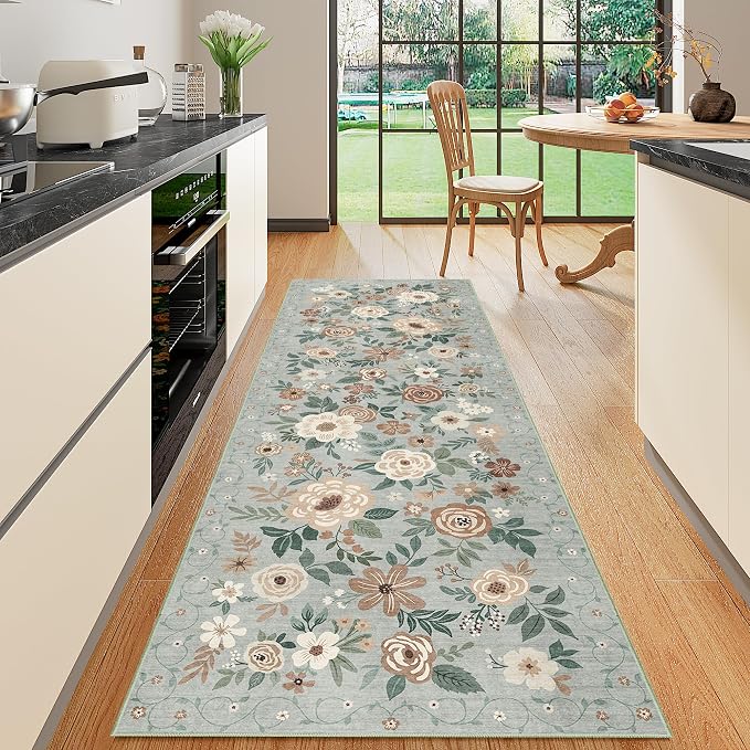 DUKINO 2x6 Runner Rug for Hallway Washable Kitchen Rugs Non Slip Sage Green | Low Pile, Soft, Floral Indoor Rug for Entryway, Bedroom, Laundry, Bathroom, Pet Friendly, Lightweight, Modern Home Decor