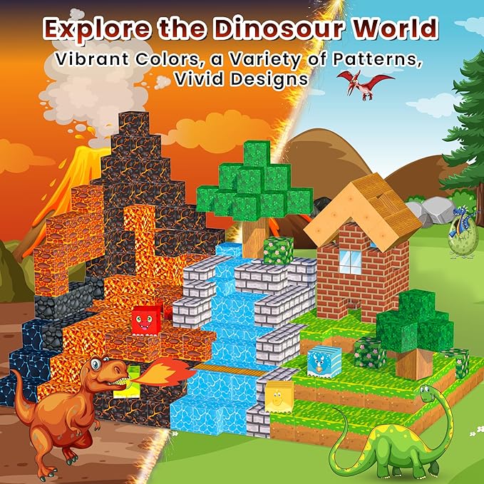 150PCS Magnetic Blocks Dinosaur Toys, Magnetic Building Blocks Cubes Tiles, STEM Sensory Outdoor Toys for Kids Toddlers Boys Girls Ages 3 4 5 6 7 8 Birthday Gifts
