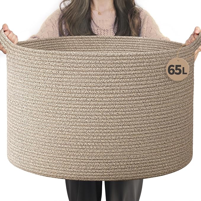 INDRESSME Large Woven Wicker Blanket Basket Living Room, 65L | 19.7" x 12.6" Storage baskets for laundry, toys & pillows. For living room, bedroom or nursery decor. soft-touch, gift basket