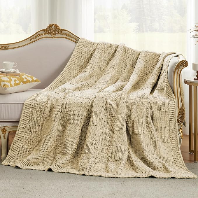 Knit Throw Blanket, Soft Chenille Cozy Breathable Checkered Chunky Decorative Blanket for Couch, Bed & Sofa, French-Inspired Lightweight Warm Gift for Women, Beige, 50"x60"