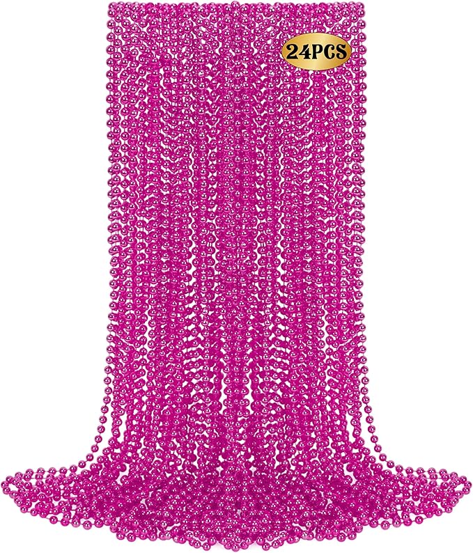 24 PCS Mardi Gras Beads, 33" Rosered Beaded Necklace, Breast Cancer Awareness Accessories, Carnival Beads Parade Throws for Baby Shower Decorations Festive Event Pirate Party Favors New Year Eve