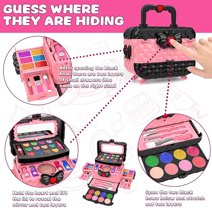 54 Pcs Kids Makeup Kit for Girls, Princess Real Washable Pretend Play Cosmetic Set Toys with Mirror, Birthday Gifts for 3 4 5 6 7 8 9 10 Years Old Girls Kids (Pink)