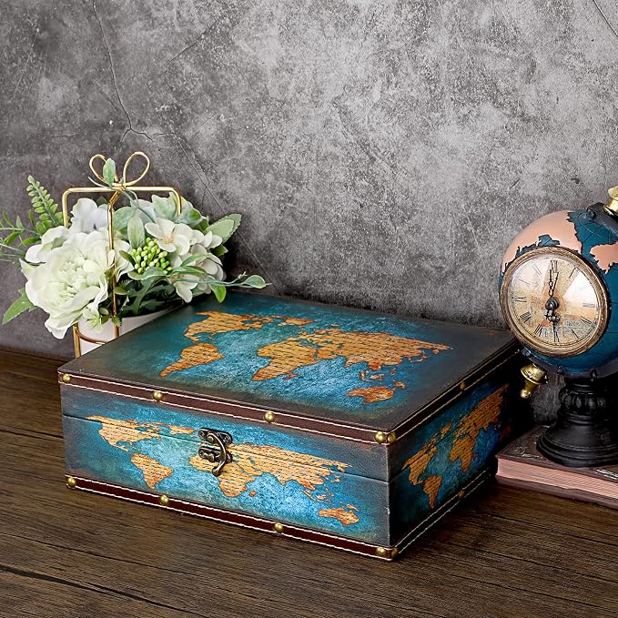 ELLDOO Decorative Treasure Chest Box, Wooden + PU Leather Storage Box for Jewelry Trinkets Photos, Rectangular Keepsakes box for Girls Women Gifts, Green Map Pattern
