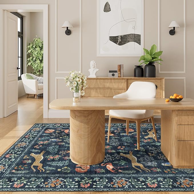 DUKINO 4x6 Area Rug, Non Slip Animal Washable Living Room Rug, Navy Blue | Soft, Low Pile, Stain Resistant Indoor Carpet for Bedroom, Dining Room, Nursery, Farmhouse, Pet Friendly, Non-Shedding