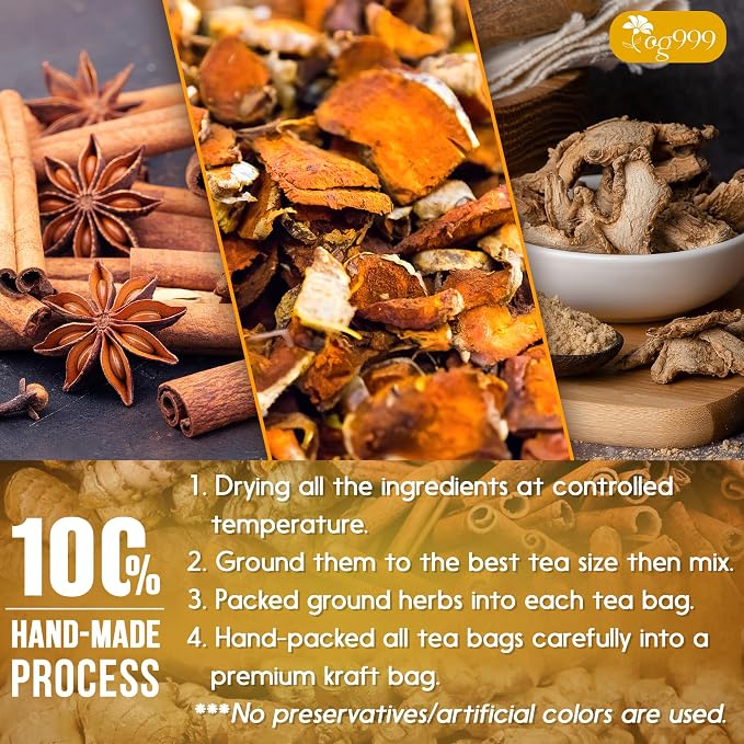 TOG999, Premium 15 Tea Bags Turmeric, Ginger, Cinnamon, 100% Natural, Hand-made Blend of Turmeric, Ginger, and Cinnamon Herbal Tea. Eco-conscious Tea Bags. No Sugar, No Caffeine, No Gluten, Vegan.