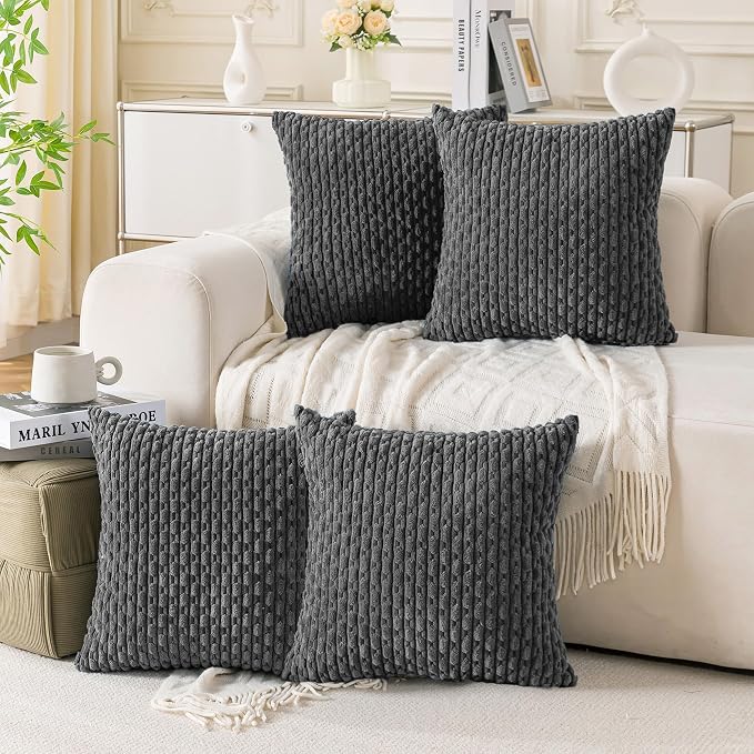 Set of 4 Dark Grey Decorative Throw Pillow Covers 20x20 Inch Corduroy Pillow Covers for Bed Couch Sofa Living Room Soft Square Cushion Cases