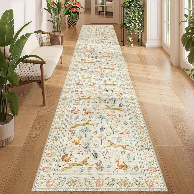 DUKINO 2x12 Washable Runner Rug, Non Slip Animal Rug for Kitchen, Beige | Soft, Low Pile, Non-Shedding Thin Indoor Long Runner Carpet for Hallway, Entryway, Bedroom, Bathroom, Laundry, Pet Friendly