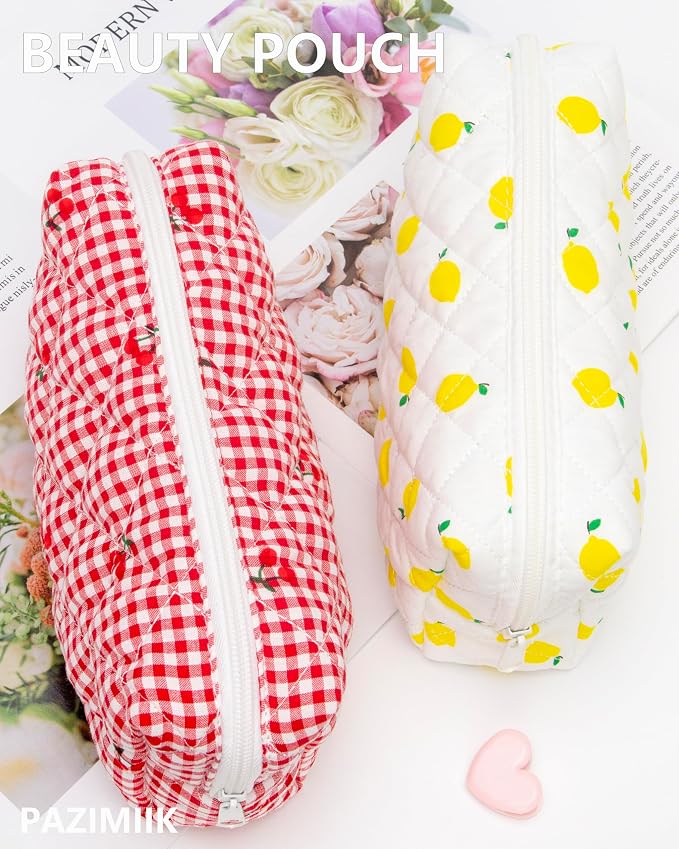 PAZIMIIK Small Quilted Makeup Bag,Zipper Cosmetic Pouch,Gingham Red Cherry | Lightweight Cosmetic Bag Organizer for Women,Purse Storage Holds Makeup,Toiletries,Skincare,Beauty Essentials,Travel Items