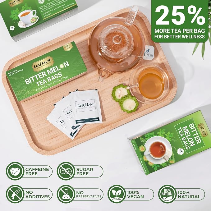 LeafLea Bitter Melon Tea Bags, Cerasee Momordica Charantia Tea, 120 Count | Natural Cundiamor Bitter Gourd Herbal Tea, Caffeine-Free, Sugar-Free, Vegan, Value Pack of 3 for Family