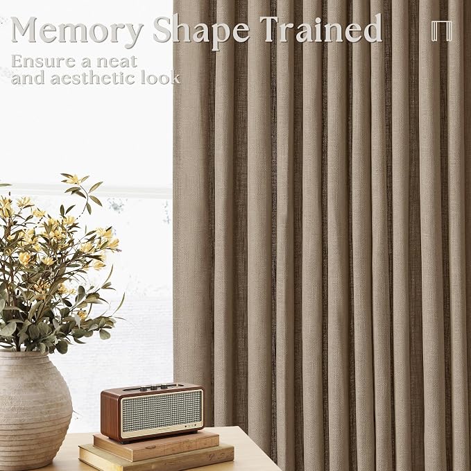 Latte Colored Linen Curtains 126 Inches Long for Living Room Pinch Pleated Drape with Hooks Rings for Track System Light Filtering Light Brown 126 Inch Curtain for Bedroom Sliding Patio Door 2 Panels