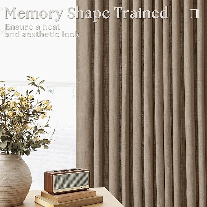 Latte Pinch Pleated Linen Semi Sheer Short Curtains 45 Inch Length 2 Panels | for Kitchen Small Bay Window Basement, Pinch Pleated with Hooks Rings Back Tab, Memory Shape, Thick Linen Semi Sheer, W40xL45