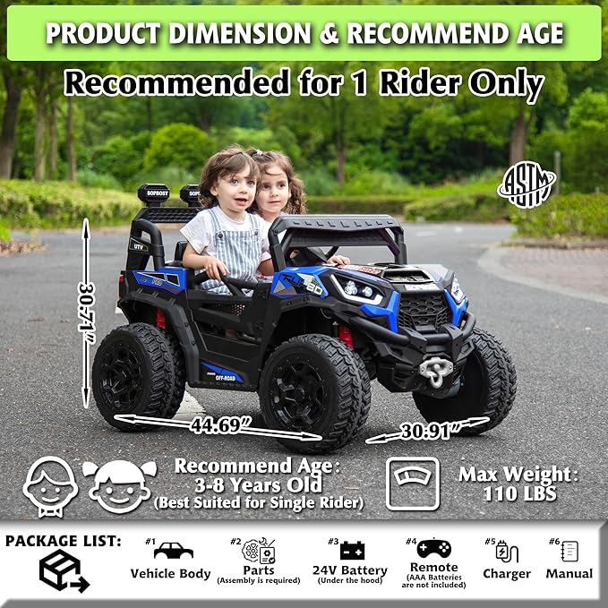 Sopbost 24V Premium 4x4 Ride On UTV for Kids with Remote Control, Electric Off-Road Truck with EVA Rubber Tires, 2WD/4WD Switch, Music & LED Lights, Battery Powered Car for Big Kids Ages 3–8 (Blue)