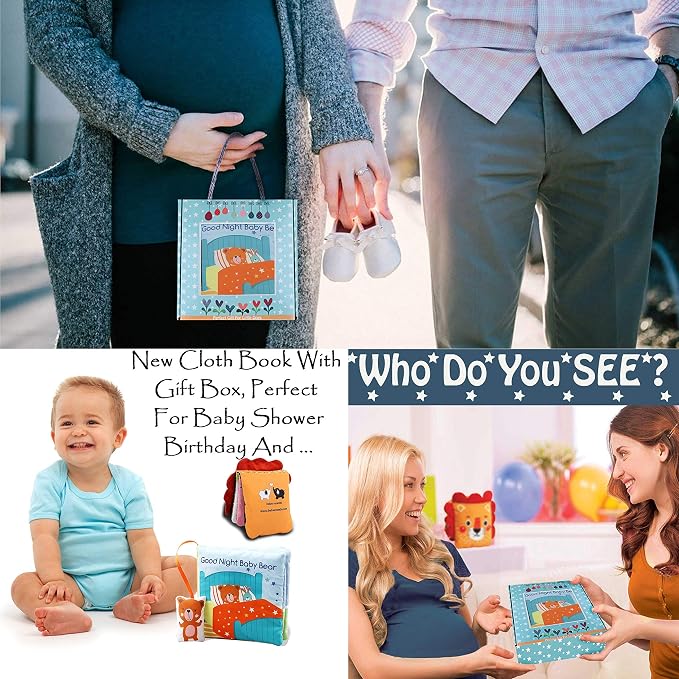 Bebe Mondo Teddy Bear Tummy Time Toy with Mirror, Soft Baby Book for 0-3-6-12 Months, Infant Sensory Developmental Toy, Shower Baby Gifts,Activity Quiet Cloth Book for Newborns,1-2 Year Old Book-Night