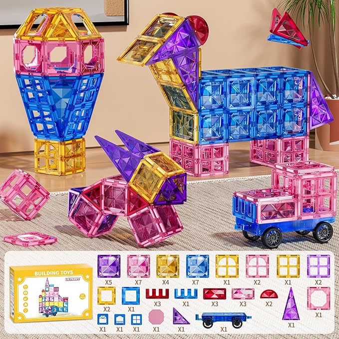 52 Pcs Magnetic Tiles for Kids Ages 4-8,Building Toys Magnetic Blocks for Kids Ages 4-8,Toddlers Educational Magnet Construction Set Magnets Tile,for 3 4 5 6 7 8 Kid Christmas Birthday Gifts