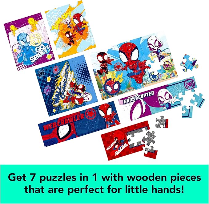 Spin Master Games, Marvel Spidey and His Amazing Friends Puzzles 7-Pack, Jigsaw Kids Puzzles with Sliding Wood Storage Box, Spiderman Toys, for Kids Ages 4 & Up