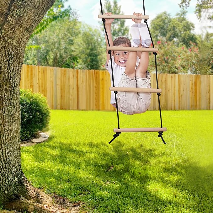 Rope Ladder for Kids Climbing Obstacle Wooden Swing Rope Ladder with 2 Hooks for Kids Climbing Game Hanging Ladder for Swing Accessories, Playground, Play Set