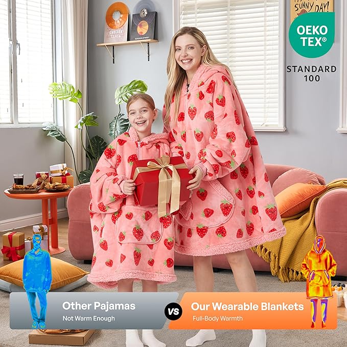 Giggling Getup Wearable Blanket Hoodie for Girls and Boys Warm Cozy Sherpa Fleece Hooded Blanket Sweatshirt Oversized Hoodie with Giant Pocket & Sleeves for Kids Strawberry