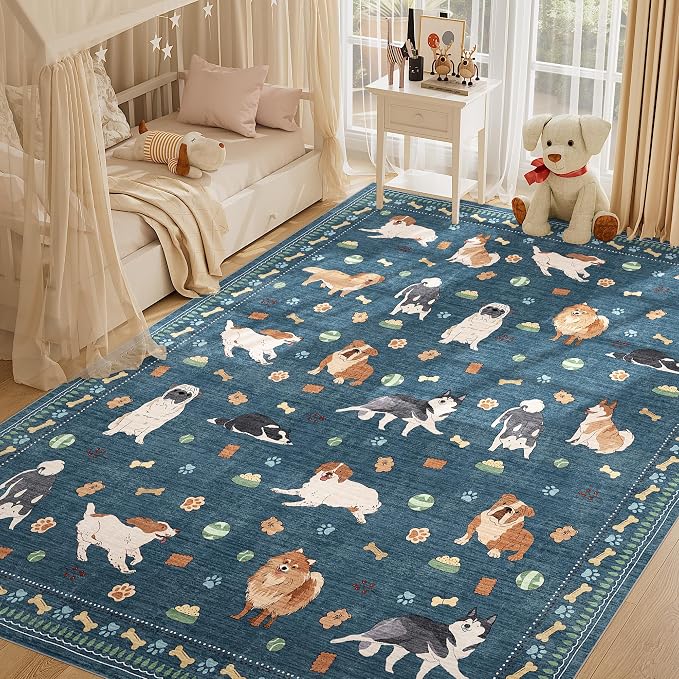 DUKINO 8x10 Area Rug, Washable Dog Rugs for Living Room Soft, Blue | Non Slip, Low Pile, Non-Shedding, Stain Resistant Animal Carpet for Bedroom Dining Room Nursery Farmhouse, Pet & Kid Friendly