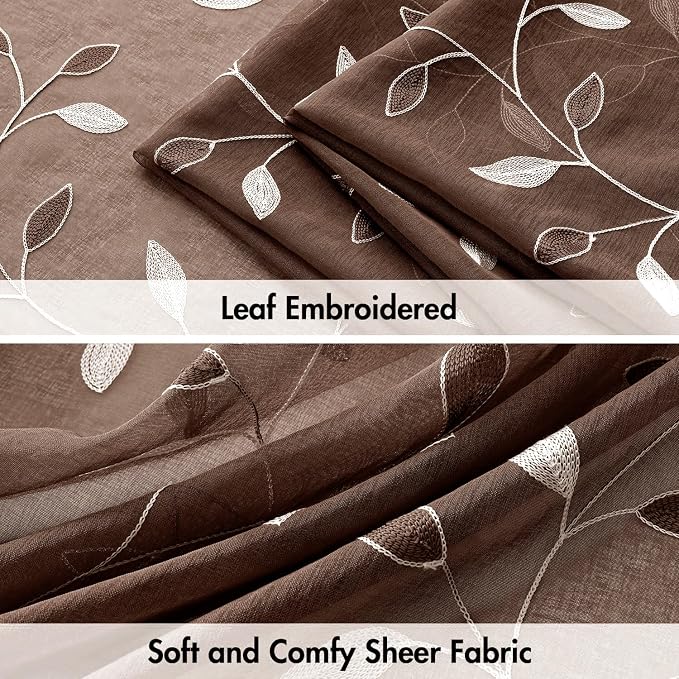 MIULEE Chocolate Brown Sheer Curtains 2 Panels Embroidered Leaf Patterned Rod Pocket Floral Semi Sheer Faux Linen Window Curtains Drapes Set for Living Room Bedroom Dining Room, 52x96 Inches Long