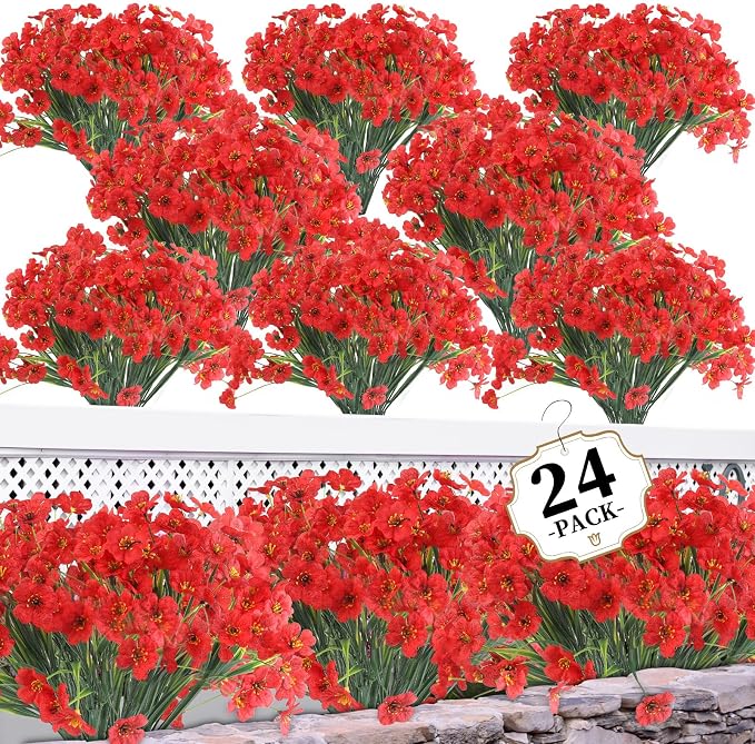 ColoPlay 24 Bundles Red Artificial Flowers for Outdoors, Fake Flowers | Fake Plants Outdoors, UV Resistant Faux Flowers for Indoor Outside Garden Porch Window Box Home Wedding Farmhouse