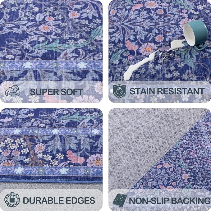 Washable 2' x 6' Runners for Hallways, Non Slip Long Floor Runner for Kitchen, Entryway Indoor, Stain Resistant Rubber Backing Floral Decor Rug (Blue)