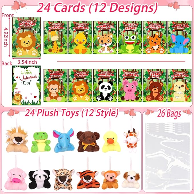 24 Pack Valentines Day Cards for Kids Classroom with Valentines Animals Plush Toys Valentines Day Gifts for Kids School Valentines for Class Exchange Cards Valentines Party Favors Prizes Girls Boys