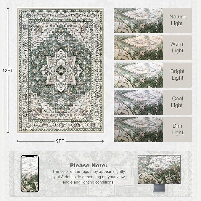 Area Rugs 9x12 Living Room Rug: Washable Rug Soft Vintage Boho Medallion Carpet Indoor Non-Slip Stain Resistant Large Carpets for Bedroom Dining Room Farmhouse Nursery Home Office Green Ivory