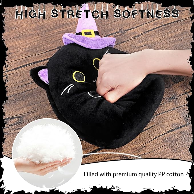 Halloween Stuffed Animal Plush Toy - 8 Inch Black Cat with Wizard Hat Plush Pillow Soft, Cute Stuff Animals Plushies Toys Gift for Kids Girls Boys, Halloween Birthday Party Decorations