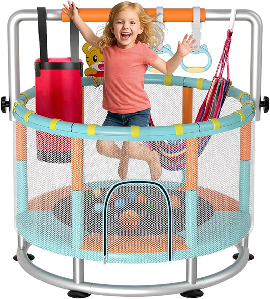 55" Kids Indoor Trampoline with Safety Net, Adjustable Gymnastics Bar & Toys – Indoor/Outdoor Toddler Play Gym for Boys & Girls Ages 3+, Birthday Gifts