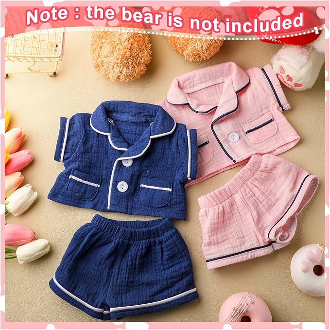 Hungdao 2 Sets Bear Clothes Stuffed Animal Accessories Pink and Blue Bear Pajamas Clothes Double Layer Muslin Short Sleeve Top and Bottom Pajamas Fits Most 14-18 Inch