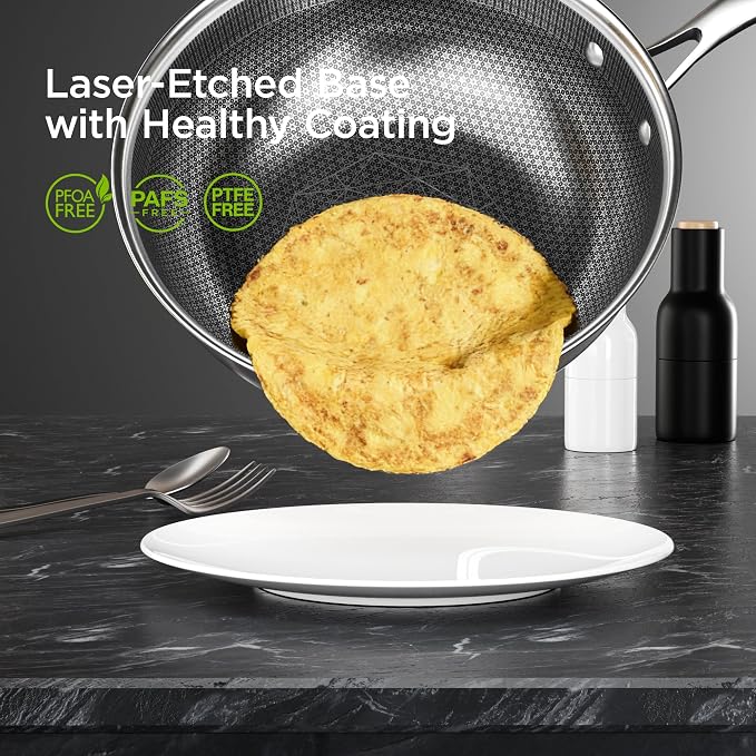 COOKER KING 11" Hybrid Wok Pan with Lid, Nonstick Deep Skillet for Stir-Fry | Non-Toxic Coating, Dishwasher & Oven Safe, Induction Ready, Stay-Cool Handle, 3-Ply Stainless Steel Clad for Fast Heat