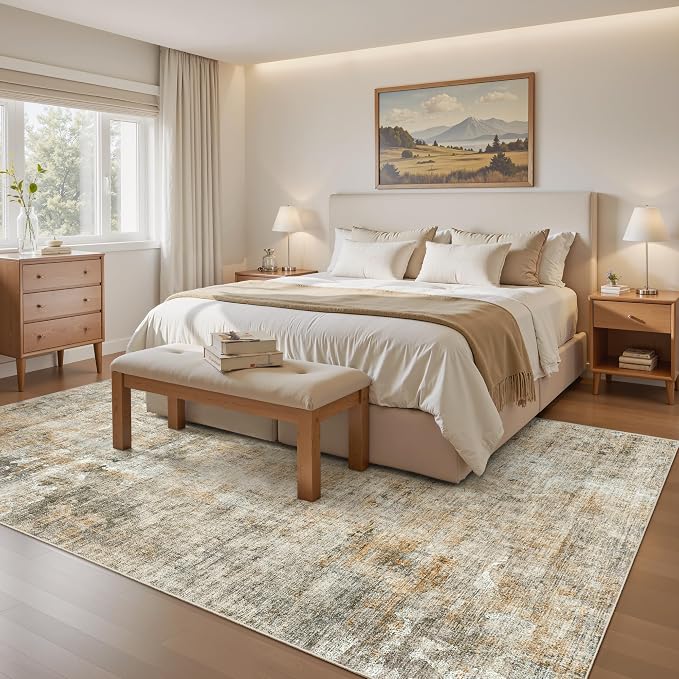 Soalmost Abstract Rug 5x7 Washable Area Rugs for Living Room, Orange/Brown | Vintage Non-Slip Indoor Accent for Bedroom Dining, Foldable Stain Resistant Floor Carpet Mat Under Table Home Office Decor