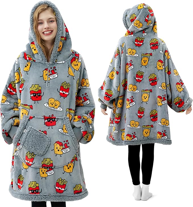 Giggling Getup Wearable Blanket Hoodie for Adults Gifts for Teen Girls Sister Women Sherpa Fleece Printed Hooded Blanket Sweatshirt Warm Cozy with Pocket & Sleeves Grey Chicken Nuggets Fries