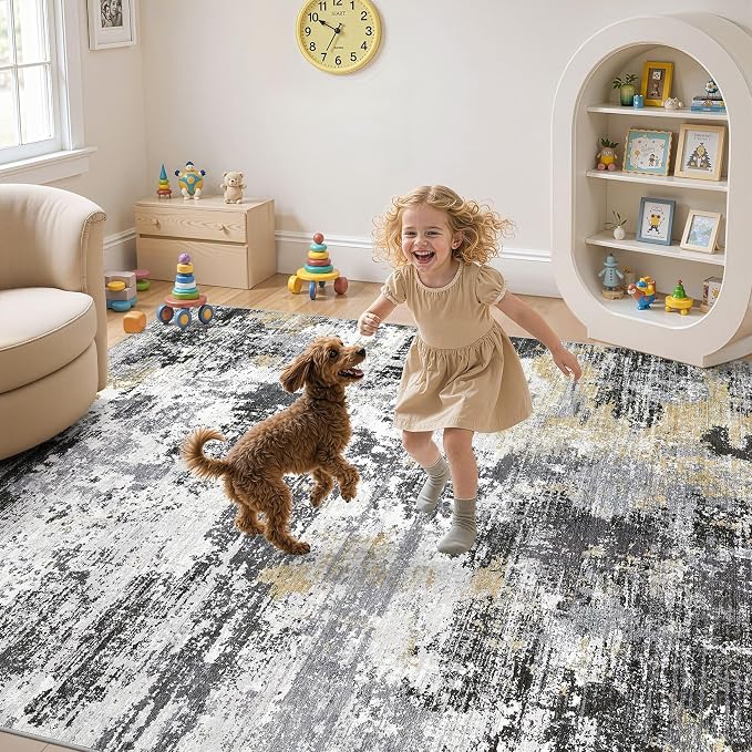 UERMEI 5x7 Area Rug for Living Room - Washable Neutral Modern Abstract Carpet, Non-Slip Soft Large Indoor Floor Rugs for Bedroom Home Office & Under Dining Table Decor, Black/White/Gold