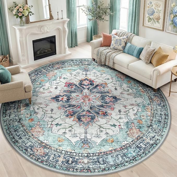 RELEANY Area Rugs Round 8ft Washable Non-Slip, Floral Vintage Distress Medallion Carpet for Living Room Bedroom Dining Room, Green Navy Blue White Red Teal