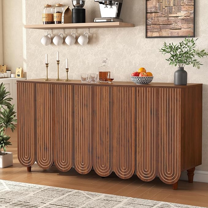 weselon Buffet Cabinet Set of 2, Arched 4-Door Sideboard with Adjustable Shelves, Push-to-Open & Soft-Close Hinges, Solid Wood Legs Storage Cabinet for Coffee Bar TV Console (Walnut)
