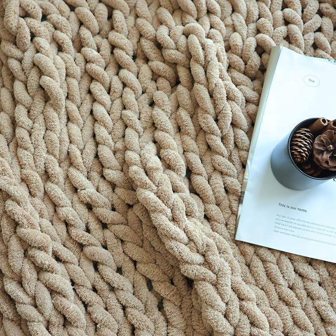 Maetoow Chenille Chunky Knit Blanket,Handmade Cozy for Home Decor,50×60,Khaki