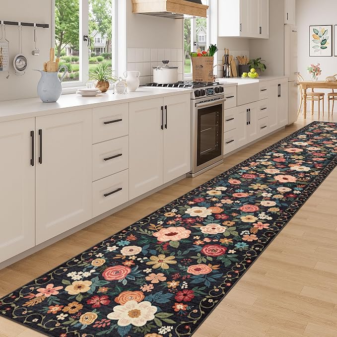 DUKINO 3x20 Runner Rug for Hallway, Floral Washable Long Runner Rug, Black | Non Slip, Low Pile, Indoor Rug Runner for Kitchen, Entryway, Bedroom, Bathroom, Laundry, Pet Friendly, Home Decor, Ultra-Thin