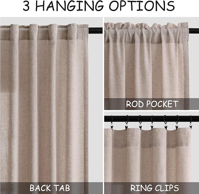Nanspring Oatmeal Curtains 80 Inches Length for Living Room Back Tab Rod Pocket Semi Sheer Linen Privacy Drapes Muted Neutral Boho Linen Textured Window Curtain for Dining Room Bedroom 52X80 Inch