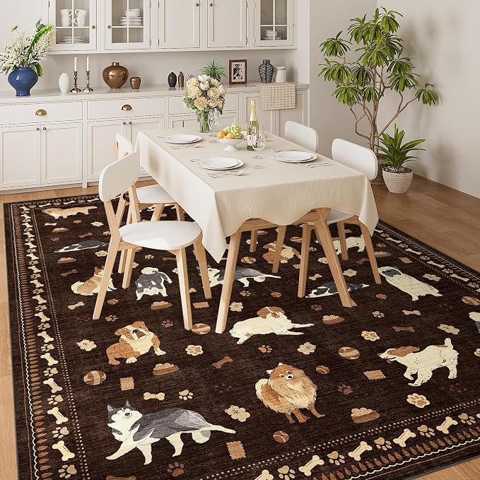 DUKINO 8x10 Area Rug, Washable Dog Rugs for Living Room Soft, Brown | Non Slip, Low Pile, Non-Shedding, Stain Resistant Animal Carpet for Bedroom Dining Room Nursery Farmhouse, Pet & Kid Friendly