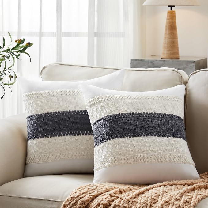 2pk Boho Pillow Covers 20x20, Natural White/Contrast/Charcoal | 100% Organic Cotton Body, Stripe Embroidery, Farmhouse Decorative Cushion Covers for Sofa Bed Living Room Home Decor