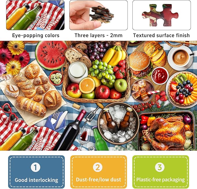 Spring Picnic Food Jigsaw Puzzles for Adults 1000 Pieces, Difficult Puzzles Perfect for Game Night, Great Gift Idea, Size 26.65 x 19.25 in
