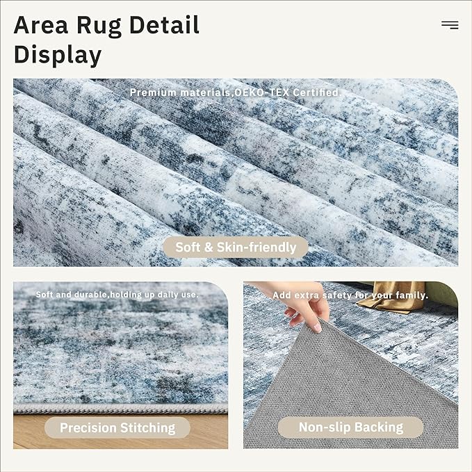 Soalmost Round Rugs 8ft Living Room Circle Area Rug 8x8 Blue/Grey Vintage | Washable Non Slip Abstract Carpet for Apartment, Dining Bedroom, Soft Low Pile Stain Resistant Foldable Floor Mat Entryway