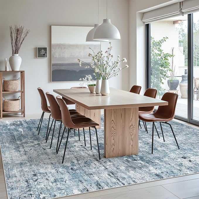 Soalmost Abstract 7x10 Area Rug for Living Room Washable Rugs Blue/Grey | Non-Slip Low-Pile Carpet for Dining Bedroom, Foldable Thin Vintage Stain Resistant Floor Mat Under Table Home Office Nursery
