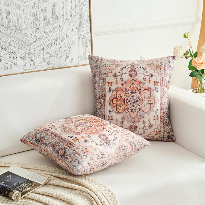 Boho Throw Pillow Covers 24x24 inch Set of 2,Boho Vintage Carpet Pattern Antique Ethnic Decor Double Sided Pattern Cushion Cover Soft Pillow Case Living Sofa Room Bed Square Pillow Cover