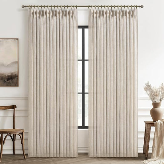 60 Inch Wide Natural Linen Textured Curtains 102 Inches Long for Sliding Glass Door, Memory Trained Pinch Pleat Non See Through Viral Curtain Light Filtering Privacy Semi Sheer Windows Drapes 2 Panels