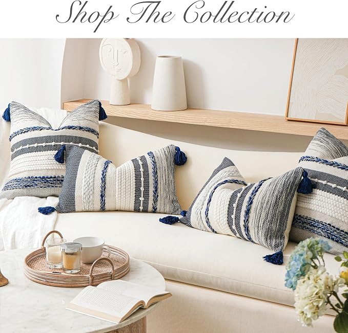 Navy Dark Blue Decorative Throw Pillow Cover 20x20 Square Boho Accent Pillowcase Tassels Farmhouse Cushion for Couch Sofa Bedroom Living Room Home Décor Cover ONLY