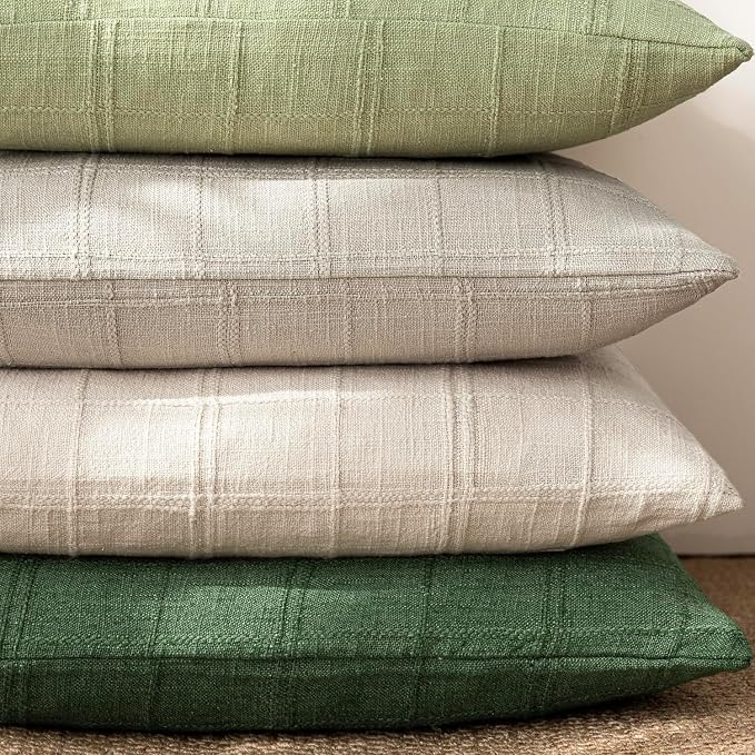 Foindtower Set of 2 Decorative Linen Check Throw Pillow Covers Neutral Farmhouse Vintage Cushion Covers Modern Boho Accent Home Decor for Sofa Chair Couch Bedroom Living Room,20×20 Inch,Forest Green